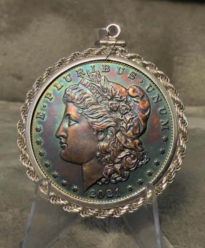 2021 $1 O PRIVY MORGAN SILVER DOLLAR PRISTINE GEM RAINBOW TONER PENDANT