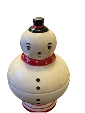 Johanna Parker Snowman Candy / Nut Dish With Lid, White Ceramic. Transpac