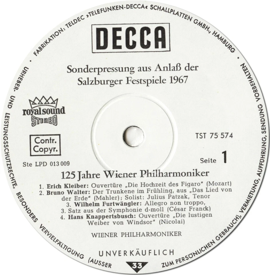 DECCA TST-75574 White Promo KNAPPERTSBUSCH FURTWANGLER KLEIBER WALTER BOHM SOLTI - Image 3 of 3