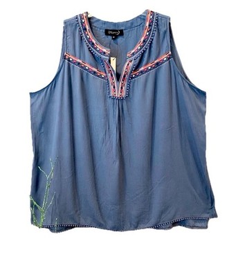 WOMEN PLUS SLEEVELESS EMBROIDERED CRINKLE TOP 2X/3X V NECK PEWTER POM POM BOHO