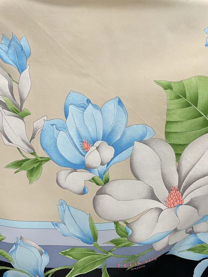 AS7# Leonard Paris Bufanda de Seda Beige Negro Azul Estampado Floral Hecho en Francia Foto 2 de 4