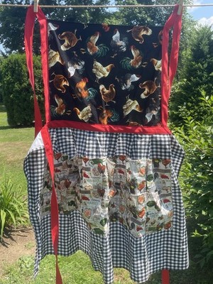 Handmade Egg Gathering Apron Chicken/Rooster Gingham Farmhouse Multipocket Bib