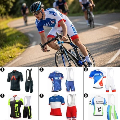 Mens Pro Team Cycling Jersey Set Short Sleeve Bib Shorts Gel Pad Race Fit - Image 1 of 4
