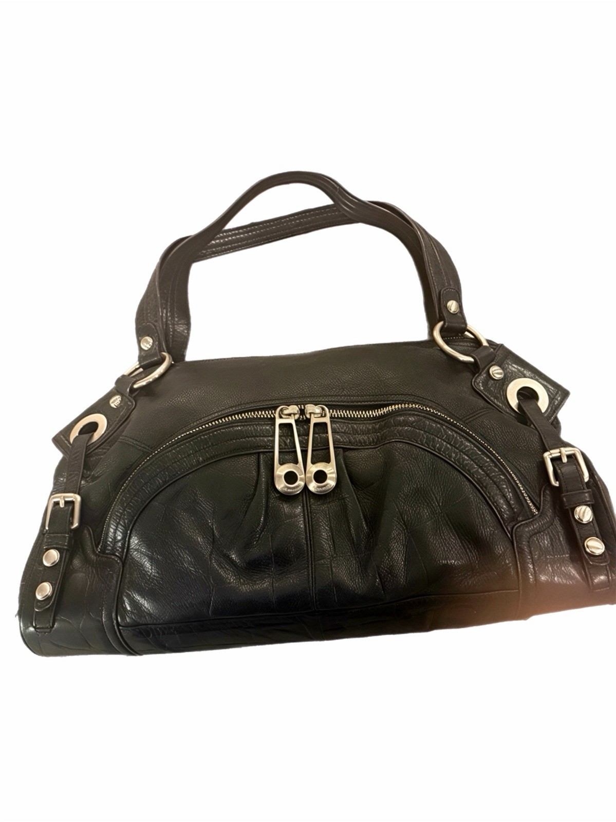 B Makowsky  Black Satchel Top Handle Double Zip Bag Silver Hardware Lined