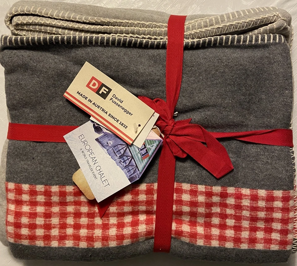 DAVID FUSSENEGGER STAG GRAY /RED CHECK / CREAM Throw Blanket New - Image 3 of 4