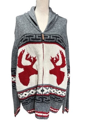 CANADIANA Wool Blend Heavy Sweater Zip Moose/Buck/Maple Leaf Head Gray Sz XL