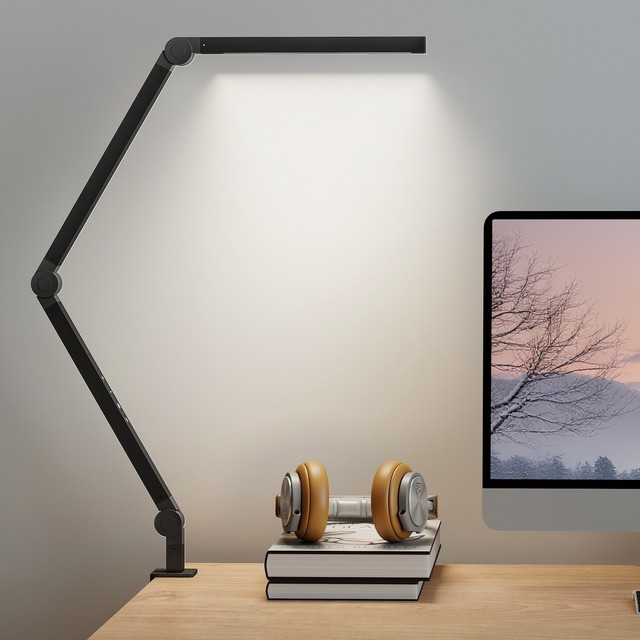 Tischleuchte, LED Tischlampe mit Schwenkarm und Klemme für Schlafzimmer Schwarz