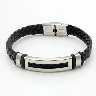 Bracelet pour Homme Femme en acier inoxydable et Cuir Tissé 21cm - Photo 1/4