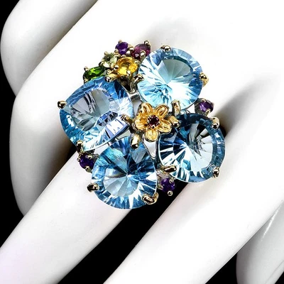 925 Sterlingsilber Ring Antik Konkav Schliff Swiss Blau Topas 36ct Handarbeit Sz - Bild 1 von 4