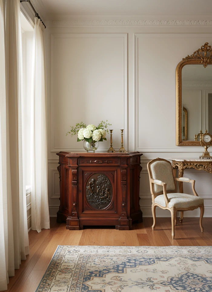 Gabinete renacentista de nogal y mármol con placa de bronce Clodion Foto 2 de 4