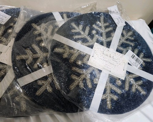 Nicole Miller Perlen Silber Schneeflocke Tischset Blau Weihnachten 15" 8er Set Neu - Bild 4 von 5