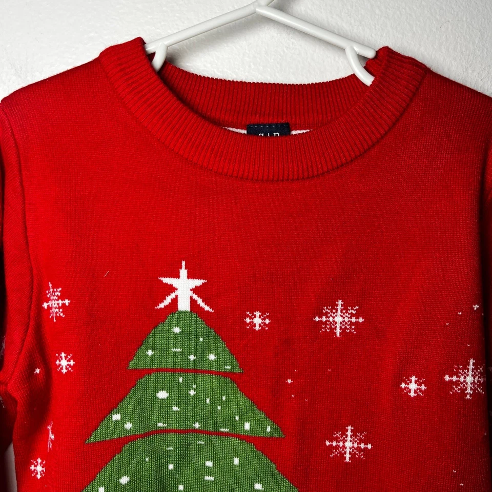 Gap Vintage Christmas Tree Snow Man Sweater Holiday Red Crew Neck size 130cm 6-7 - Image 2 of 4