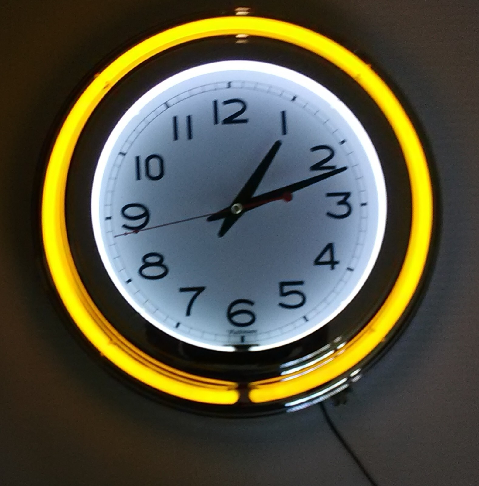 Double Ring Neon Wall Clock Yellow and White Neon with pull chain 14.5" x 3.5"