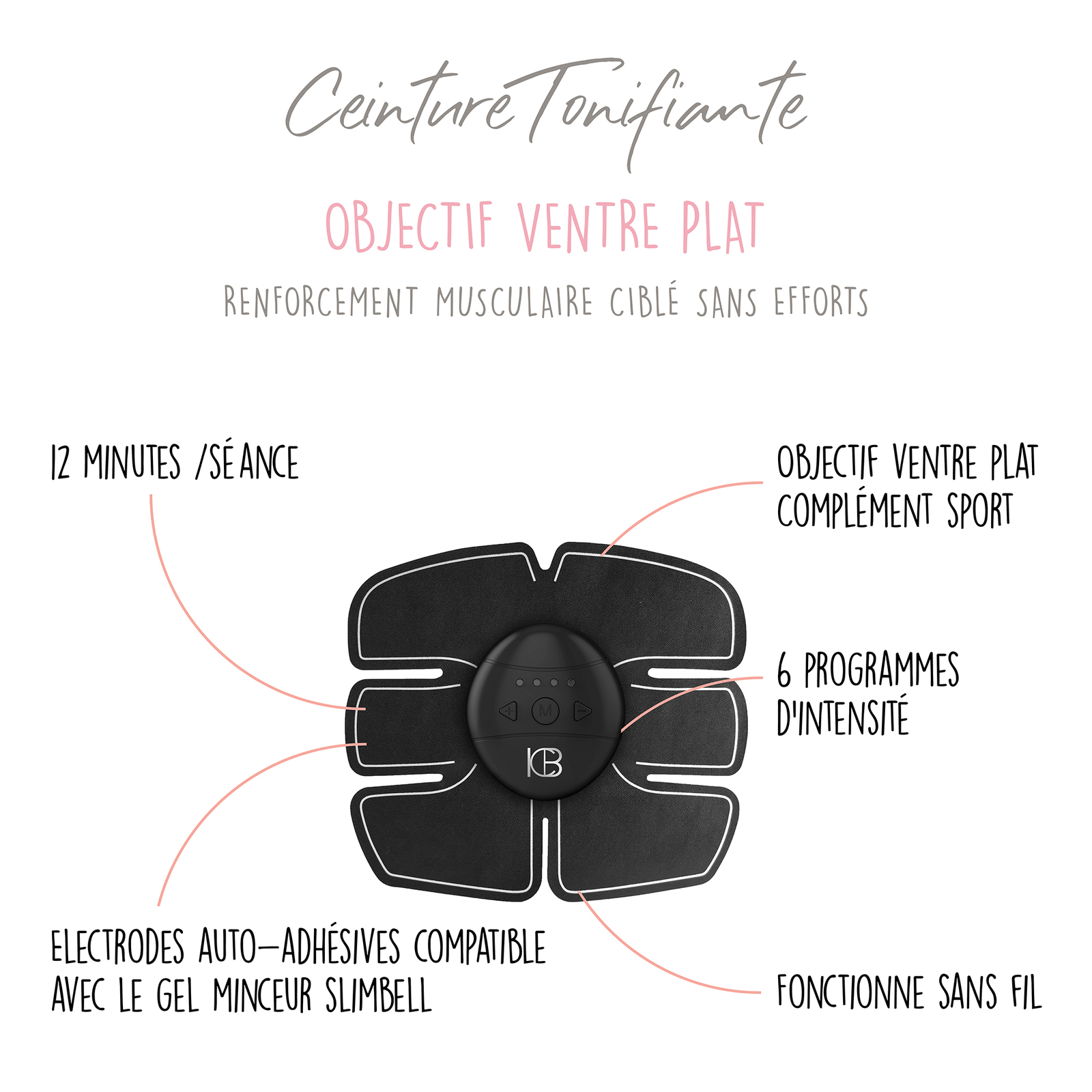 Ceinture tonifiante ventre plat à stimulation EMS pour raffermir la sangle abdominale noire