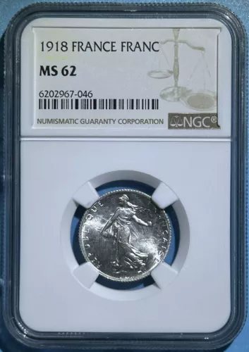 France 1918 Silver Franc French Paris Mint BU Coin NGC MS 62 Pure Shining White
