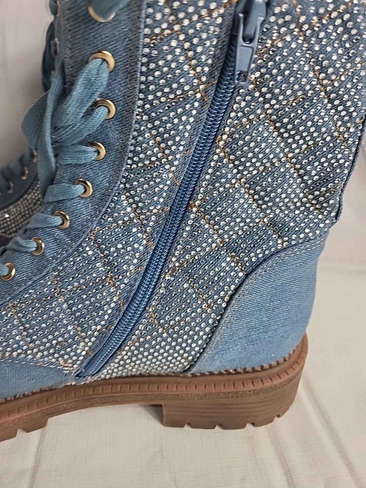 Botas de Combate Bebe Denim Talla 11 Dorienne-C Con Cordones Cremallera Lateral Bling Zapatos Cómodos Foto 2 de 4