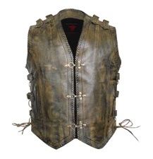 Motorcycle Leather Distressed Brown Fish Hook Style Vest Concealed Carry