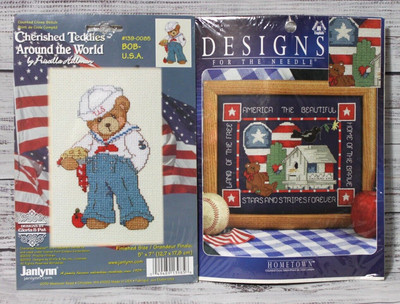 TWO PATRIOTIC cross stitch kits AMERICANA & BOB-USA CHERISHED TEDDIES  NIP