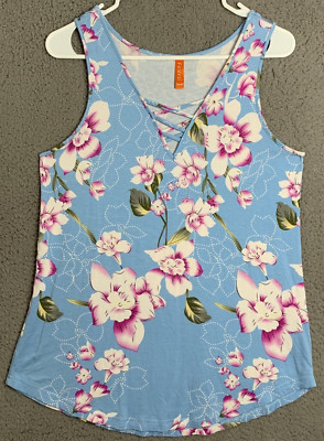 Feiersi Tank Top Womens Small Blue Floral Pullover Blouse Shirt Singlet Rayon