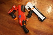 Nerf gun lot used guns 2 medium weapons 1 white 1 red 1 small red weapon