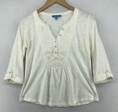 FLEUR BLEUE Top XS Slub Jersey Crochet Trim Popover Roll Tab Sleeve Off White