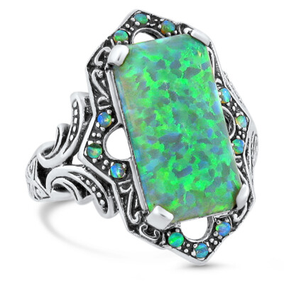 VICTORIAN STYLE LAB-CREATED GREEN FIRE OPAL 925 STERLING SILVER