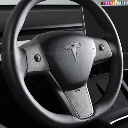 3x Grey Alcantara Leather Steering Wheel Trim Cover For Tesla Model 3 & Y 2019+ - Picture 2 of 3