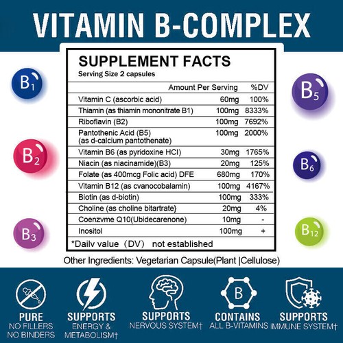 Vitamin B Komplex Kapseln B1 B2 B3 B5 B6 B7 B9 B12 Folsäure & Biotin Energie - Bild 2 von 6