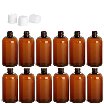8 Ounce Boston Round Bottles, PET Plastic Empty Fillable BPA-Free, with White...