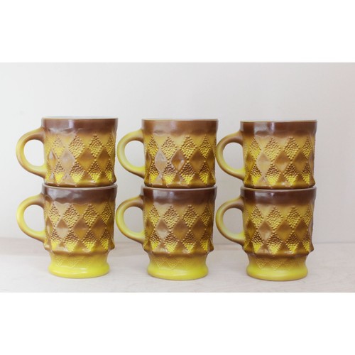 Yellow & Brown Fire King Kimberly Mugs Set of Six 60s Diamond Patterned Mugs - Picture 3 of 8