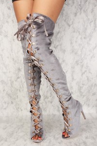 NEW-Women-039-s-Grey-Lace-Up-Front-Tie-Peep-Toe-Thigh-High-Heel-Boots-Choose-Size