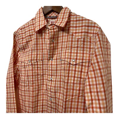 Levis Straus Mens Shirt Pearl Snap  Modern Western Orange/White Plaid Sz Small