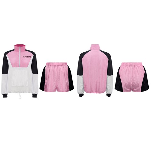 Womens 2 Pcs Drawstring Hem Tracksuit Fitness Outfit Cycling Set Color Block - Picture 69 of 79