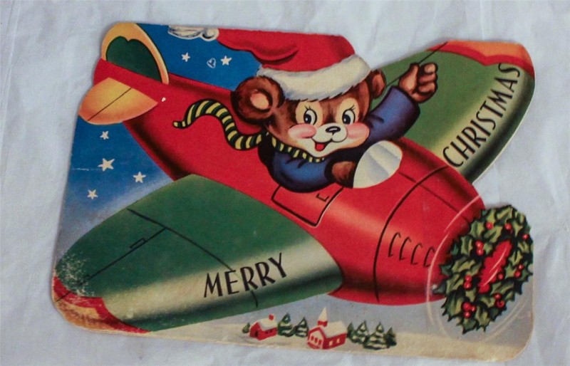 Vintage Child's Christmas Card Bear in Airplane Large Signed 7" x 5"