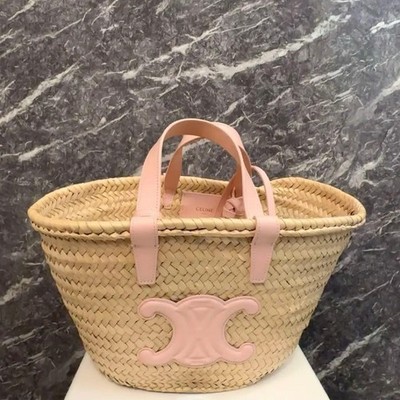CELINE Classic Panier Raffia Calfskin Basket Bag Summer Tote Used