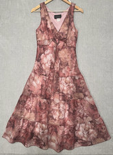 Romantic Floral Midi Dress Tiered Flowy Pink Mauve Wedding Guest Size 10