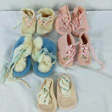 VINTAGE LOT OF 5 PAIRS BABY GIRL INFANT AND ABOVE SHOES SLIPPERS HANDMADE ETC