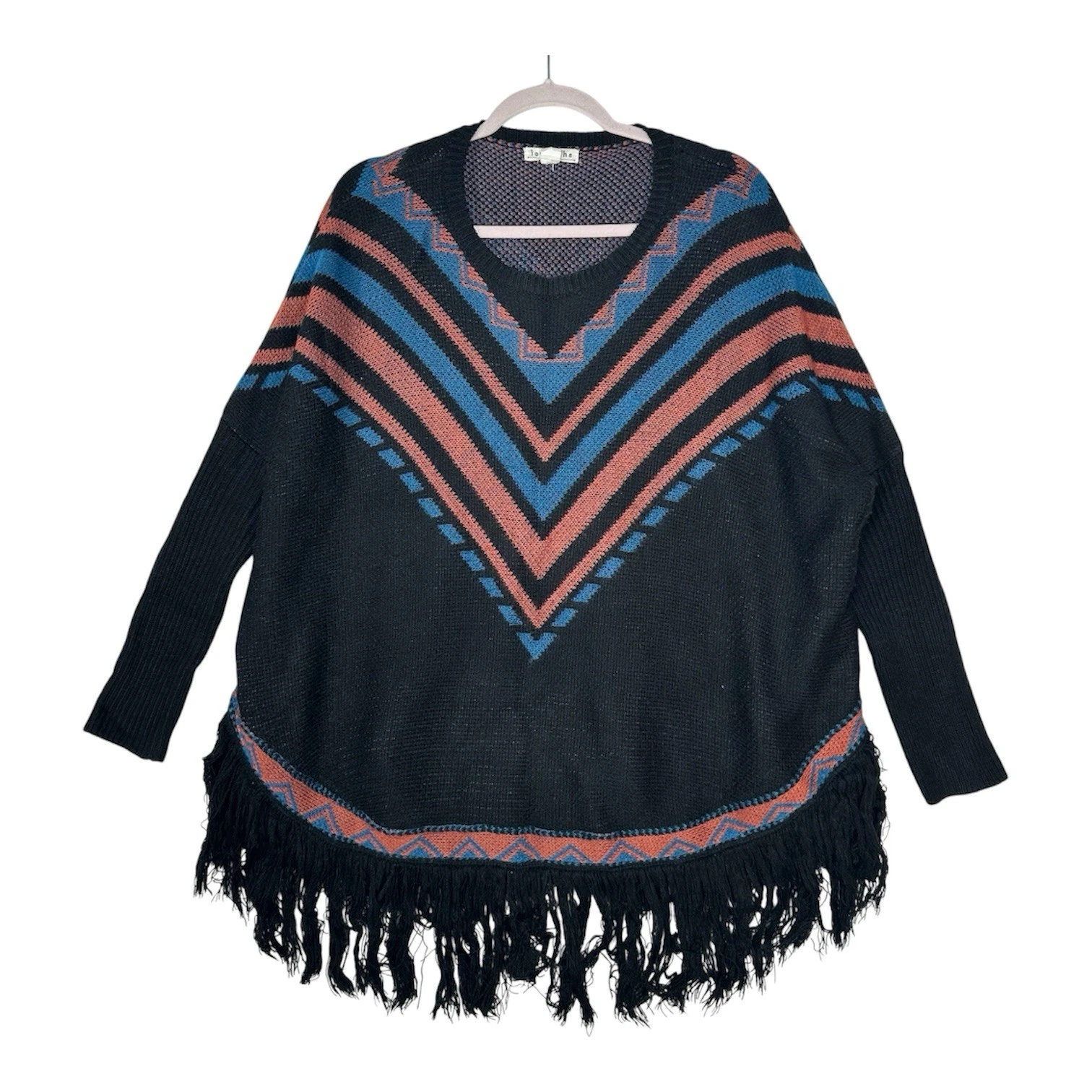 Loveriche Southwestern Fringe Poncho Sweater M/L Aztec Geometric Tribal Coastal