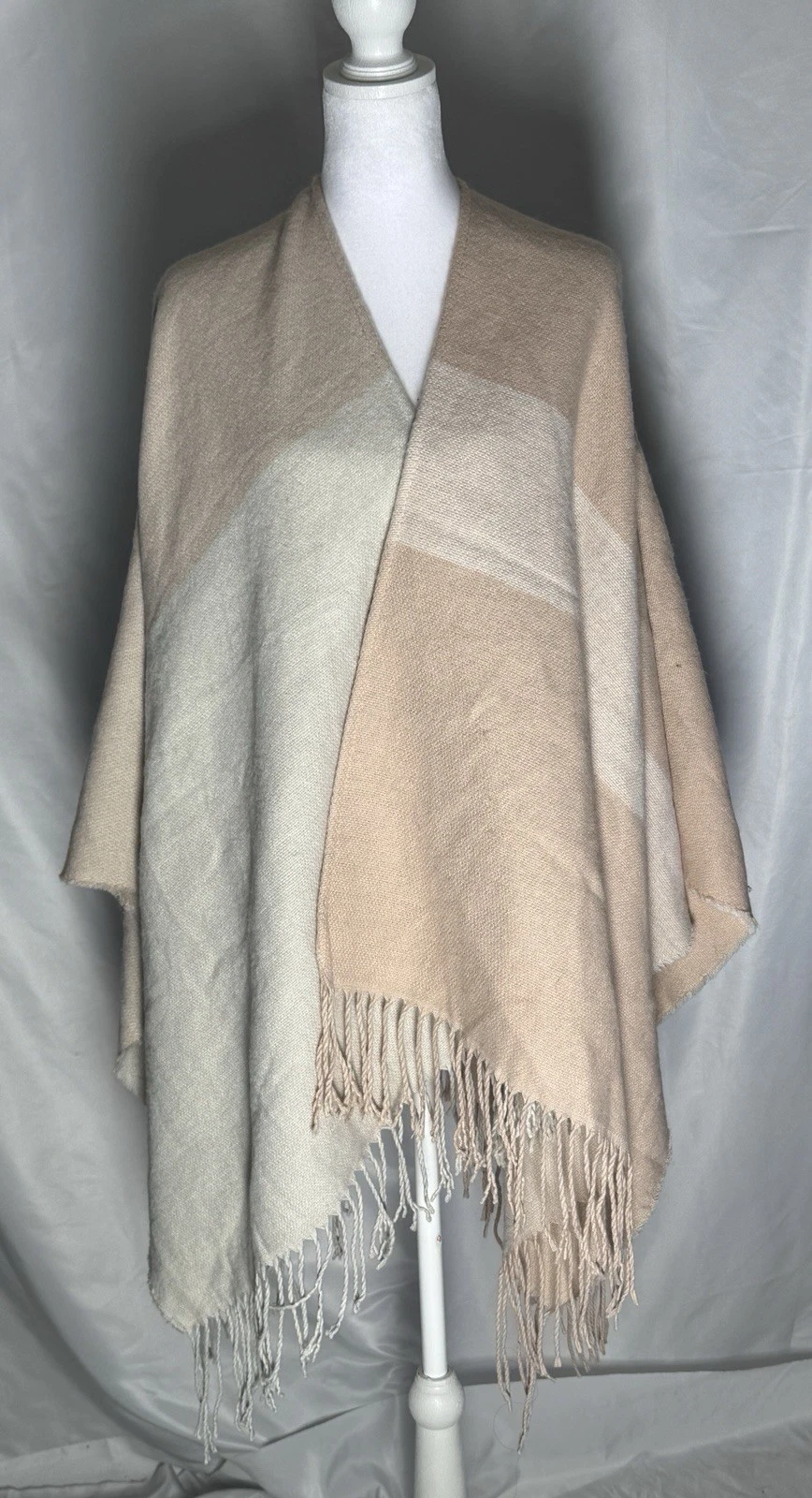 Soia & Kyo Neutral Fringe Ruana Wrap Cape Soft Oversized Shawl Cardigan