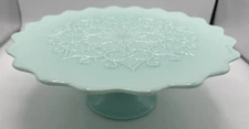 Fenton Glass Turquoise Blue Spanish Lace Cake Plate Pedestal Stand