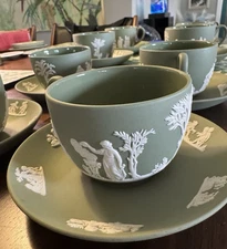 Vintage Wedgewood Jasperware Teacup & Saucer Sage Green 1960's  Excellent