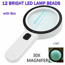 30X Jumbo Handheld Magnifying Glass w/ 12 Bright LED Light Illuminated Magnifier