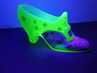 Vintage Fenton Glass Satin Vaseline Uranium Slipper Shoe Hand Painted Signed