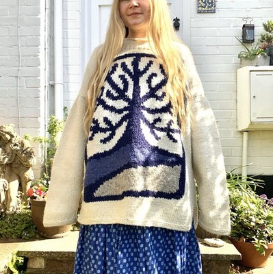 Vintage seltener Pachamama Baum Pullover XL Wolle handgestrickt Handarbeit creme