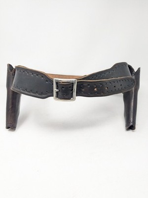Rare Vintage Brown Leather 2.5'' Belt & Double 8'' Holster with Brass Belt Buckle 