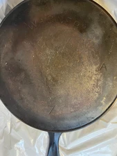 Wagner Cast Iron #7 Arc Logo Skillet with heat ring and A maker's mark-WOBBLES!