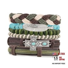 Handmade Braided Leather Bracelet for Men Women Adjustable Bohemian Cross