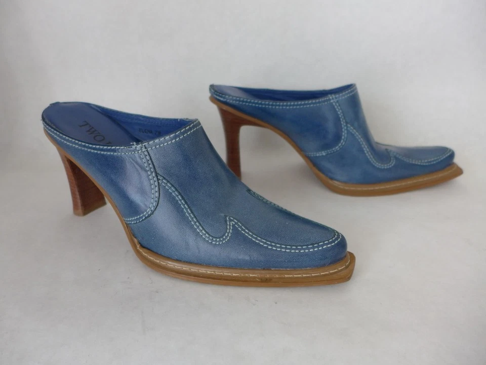 Zapato DOS LABIOS Talla 7M Cuero Azul Western Mules Punta ELENA Hecho en Brasil Foto 2 de 4