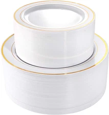 102 Pieces Gold Plastic Plates, Disposable Party Plates White Gold Rim, 51 Dispo