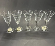 Wales Cordial Glasses Set of 5 Etched Flower Design Vintage Japan Glass